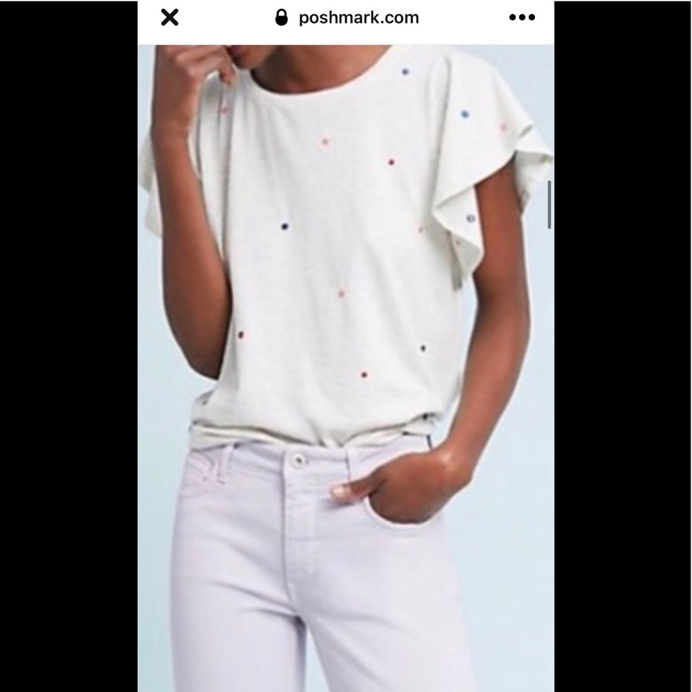 Anthropologie Flutter Sleeve Tee with multi colored embroidered Swiss Dots. - Picture 2 of 15